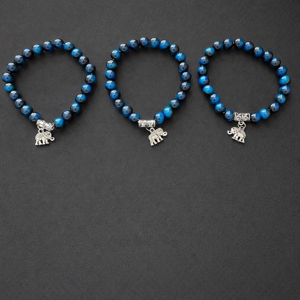 Set of 3 Blue Glass Bead Elephant Charm Bracelets | Stretch Beaded Boho Jewelry